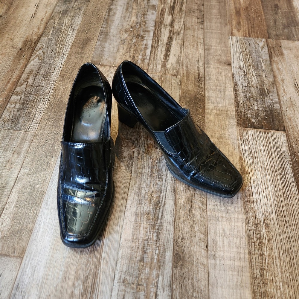 Life Stride Black Croc Embossed Square Toe Block Heel Loafer Pump Size 8.5M